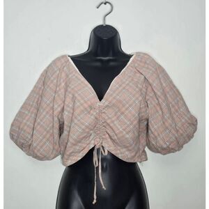DRA Los Angeles Plaid Crop Top Size Medium Cinched Balloon Sleeves